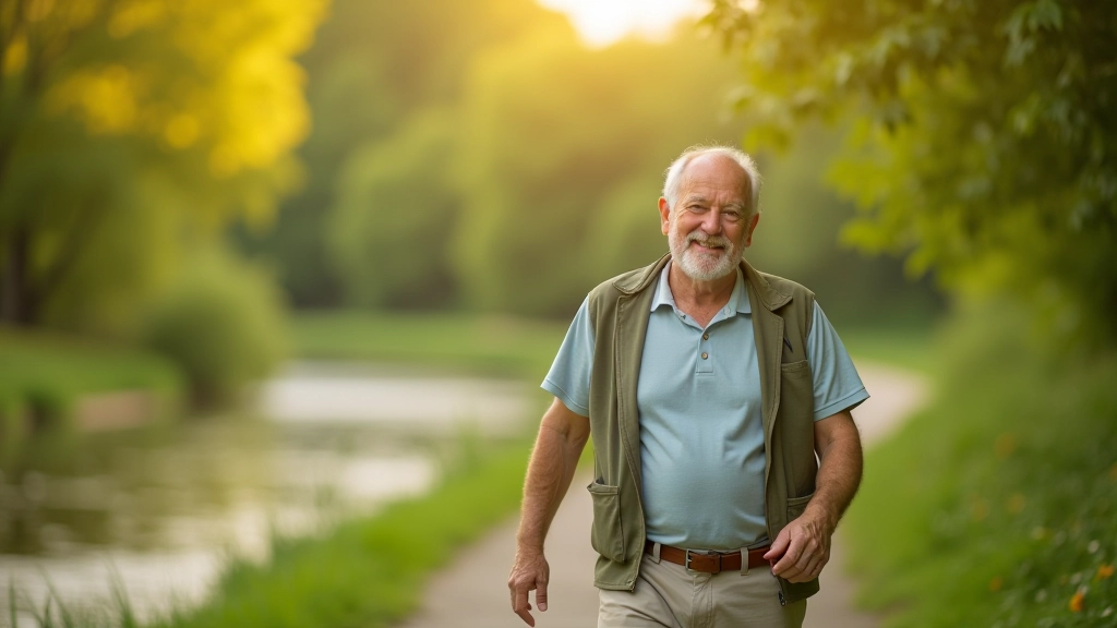 Senioras pasivaikščioja prie upės, šviesus oras, ramia aplinka